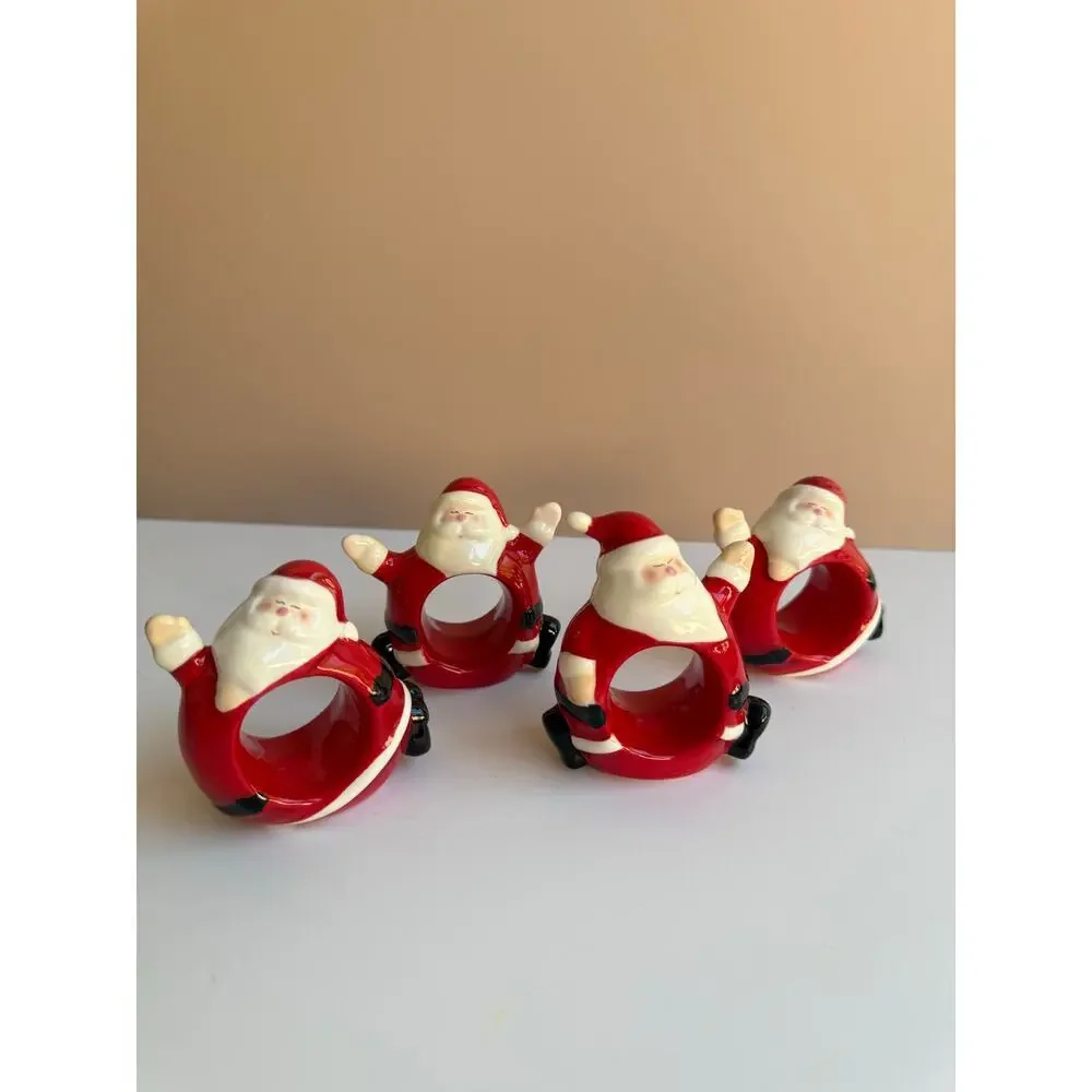 Williams Sonoma Set of 4 Ceramic Santa Napkin Rings Christmas Decor